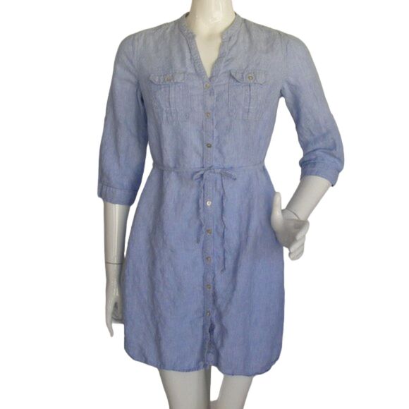 MALVIN Linen Dress, M, Blue, thin white stripe, Mini, Pockets, Sash belt - Picture 1 of 14